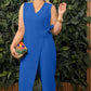Einfarbiger, lässiger Jumpsuit mit V-Ausschnitt und Bindeband für Damen