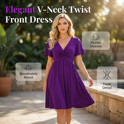 Elegantes V-Ausschnitt-Kleid mit gedrehtem Vorderteil und Taschen