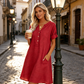 🔥Letzter Tag: 60% Rabatt!⏰👗Rabatt Damen Tunika-Kleid mit V-Ausschnitt & Taschen 🌊 Lässiges Kleid in Leinenoptik für Sommer, Strand & Alltag