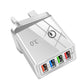 🔌4-Port QC 3.0 Schnellladegerät – 4 Geräte gleichzeitig laden – 4 Stecker-Alternativen – Sicherheitsschutz – Kompaktes Design – Für Reise & Zuhause 🌍✨🛡️