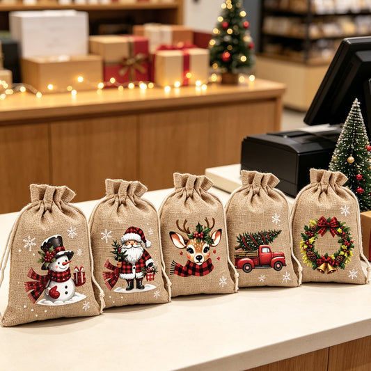 🎁Weihnachtliche Geschenksäckchen aus Polyester mit Kordelzug, 10 Stück
